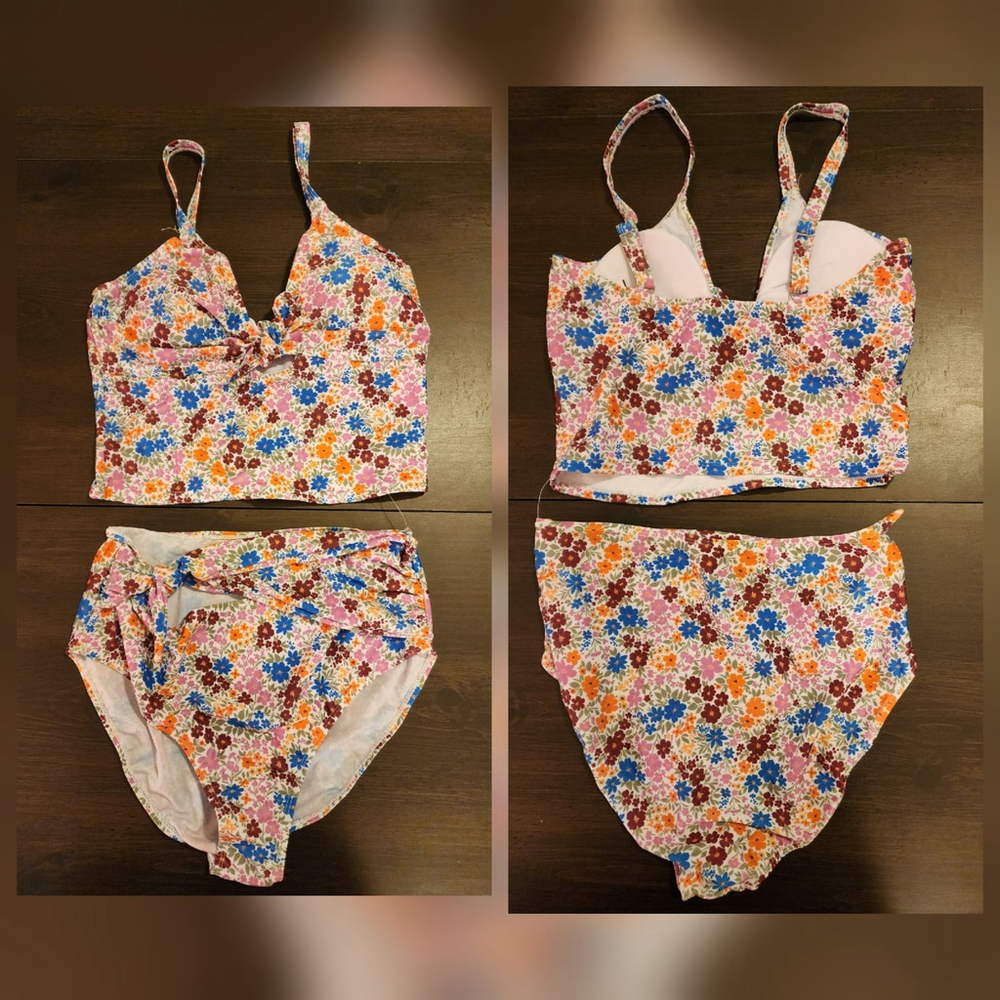 Tahari 2 piece Set Swimsuit Bathing Suit Tankini LARGE Red Orange Pink Floral - Picture 5 of 16